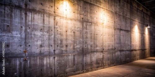 A textured concrete wall with an angled view and soft light from overhead fixtures illuminating a dark  narrow space.