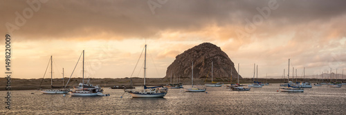 USA, California, Central Coast, Morro Bay. Panoramic view of colorful storm clouds over the harbor
