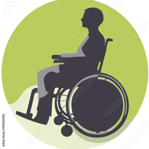 Wheelchair user soft gray silhouette green accent detail flat minimal bold silhouette vector health wellness vector
