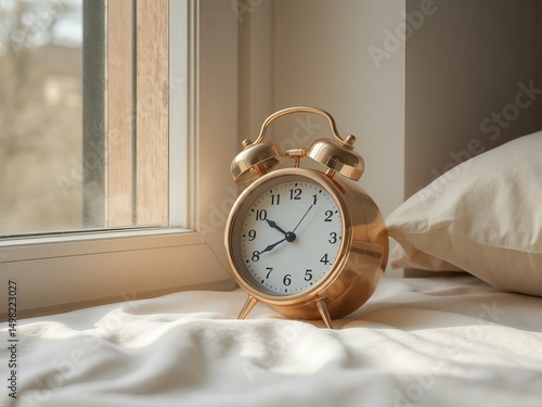 A golden alarm clock sitting on a white bed next to a window with natural light coming through it