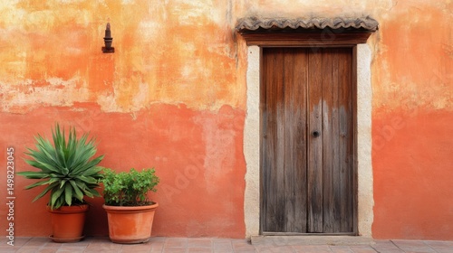 Street view of wooden door and terracotta wall