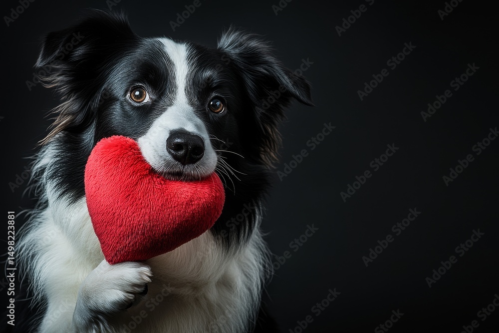 Fototapeta premium This close-up shot features a giggly border collie puppy with a red heart in its mouth, set on a white background, suggesting a cute and loving Valentine's Day gesture.
