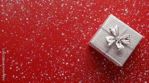 Top view xmas present box with silver sparkle with red background,Banner mock up for adding your text,chrismas Gift giving on holiday seasonal concept.
