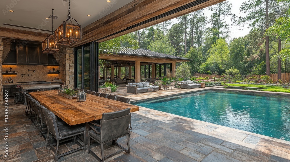 Fototapeta premium Rustic Outdoor Kitchen and Poolside Dining