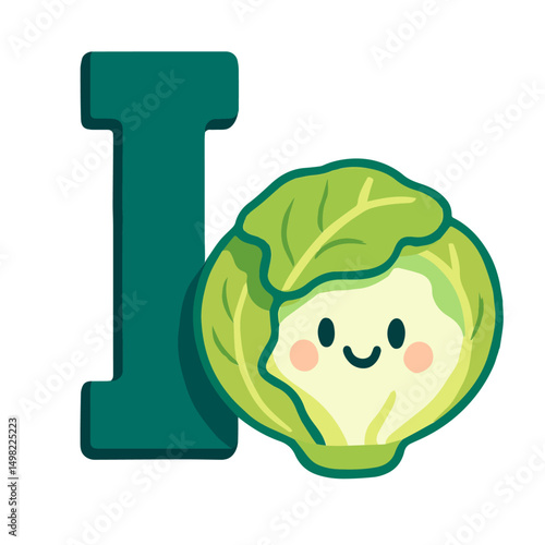 Uppercase Letter I with Cute Iceberg Lettuce – Fruits and Vegetables Alphabet in Retro Pop-Art Style
