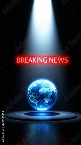 Vertical video with glowing blue digital Earth under spotlight with breaking news label, ideal for modern broadcast and tech news updates