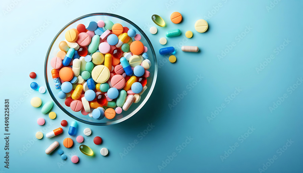 Obraz premium Colorful pills and tablets in a glass bowl on a blue background with copy space, top view. Y2K style. 