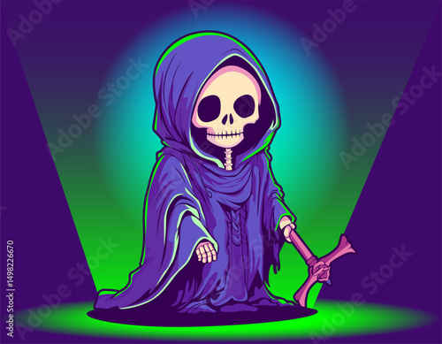 Cute Grim Reaper Skeleton Cartoon Character. Halloween Spooky and horror Element design for banner. Vector Illustration. Poster with Grim Reaper. Skeleton with scythe. Flyer design template