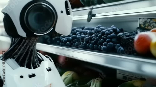Robotic assistant chooses ripe fruit at supermarket, automated shopping technology