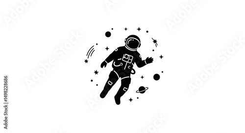 Black Vector A lone astronaut silhouette drifts peacefully amidst planets and stars. A simple yet powerful image symbolizing space travel, discovery, and boundless adventures in the cosmos.