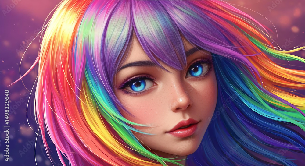 Realistic Anime Character with Rainbow Hair and Dreamy Expression Realistic Anime Character with Rainbow Hair and Dreamy Expression