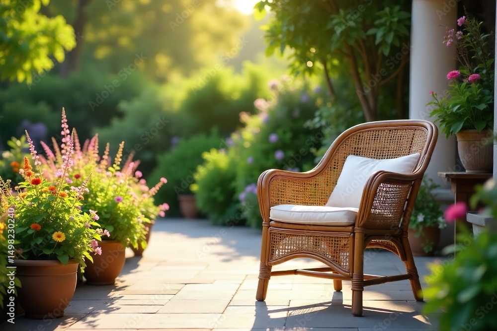 A rustic cane chair sits on a sun-drenched patio, surrounded by lush greenery and vibrant summer blooms Perfect for summer vibes, relaxation, and outdoor living imagery , cozy, vibrant A rustic cane chair sits on a sun-drenched patio, surrounded by lush greenery and vibrant summer blooms Perfect for summer vibes, relaxation, and outdoor living imagery , cozy, vibrant