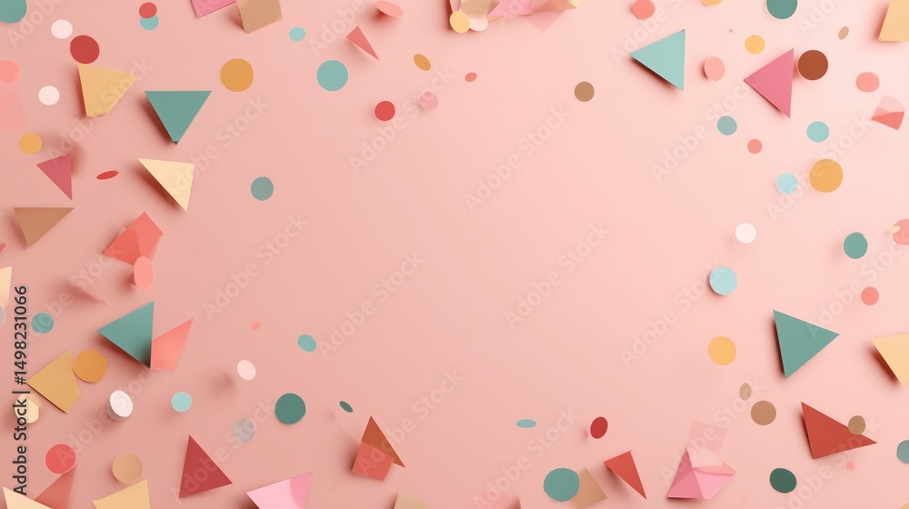 Paper party sprinkles in geometric shapes (triangles, circles, squares) scattered randomly on a smooth blush pink canvas with large open space at the top Paper party sprinkles in geometric shapes (triangles, circles, squares) scattered randomly on a smooth blush pink canvas with large open space at the top