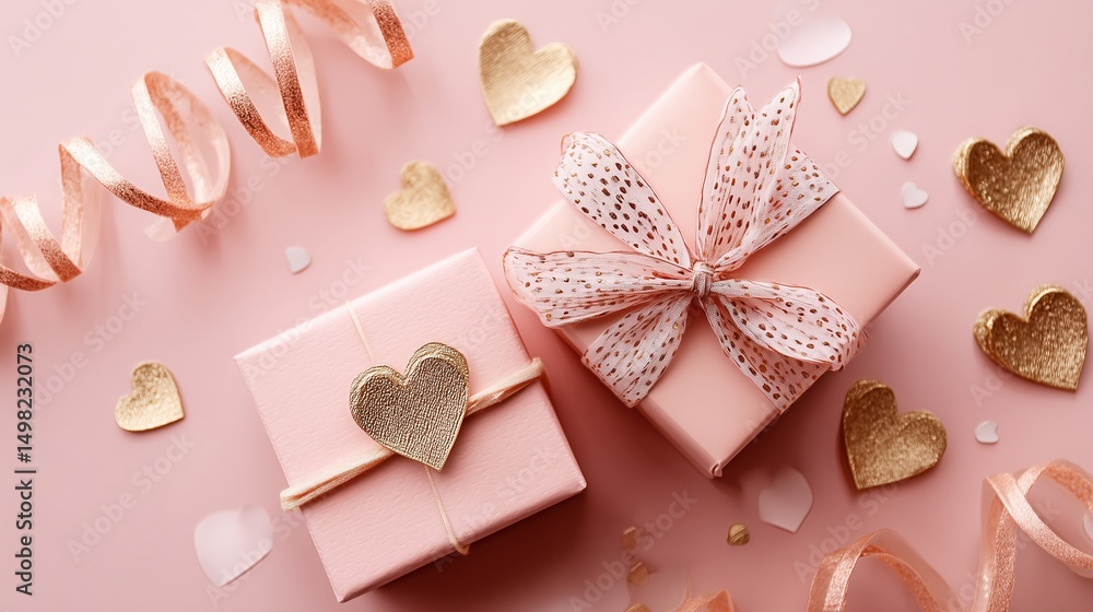Monochrome pink gift set featuring curled ribbon and delicate gold heart accents on a rose quartz pastel background in gentle composition Monochrome pink gift set featuring curled ribbon and delicate gold heart accents on a rose quartz pastel background in gentle composition