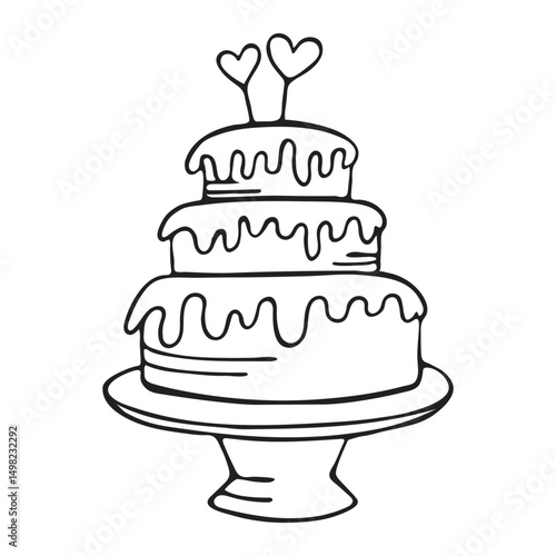 Cute hand drawn cake for greeting cards, posters, recipes, food design, bakery, pastry shops, cafes. Isolated over white background. Doodle sketch vector illustration.