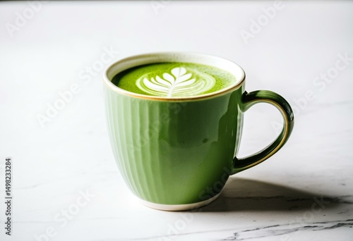A green cup of matcha latte on a white surface.