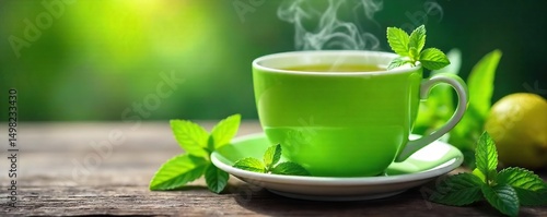 Steaming cup of vibrant green herbal tea, surrounded by fresh mint and lemon balm sprigs Perfect for wellness and relaxation imagery , lifestyle, invigorating