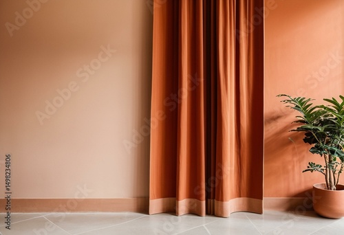 A room with a curtain and a wall in it.