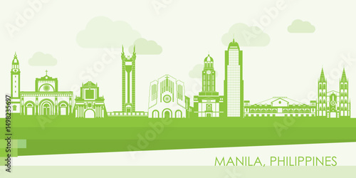 Green Skyline panorama of city of Manila, Philippines  - vector illustration