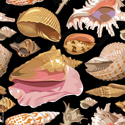 Seamless pattern with colorful realistic seashells isolated on a black background.
