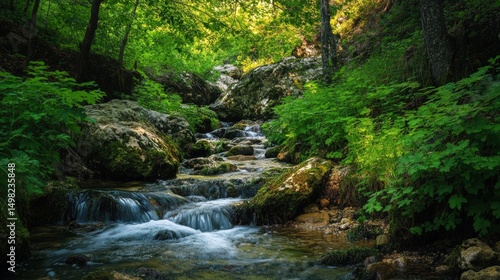 Sunlight streams through lush forest over a rocky creek.