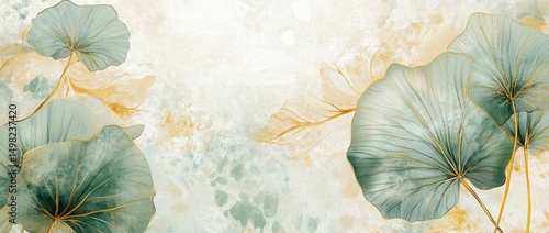 Obraz  z motywem Delicate Green Leaves on a Light Beige Background