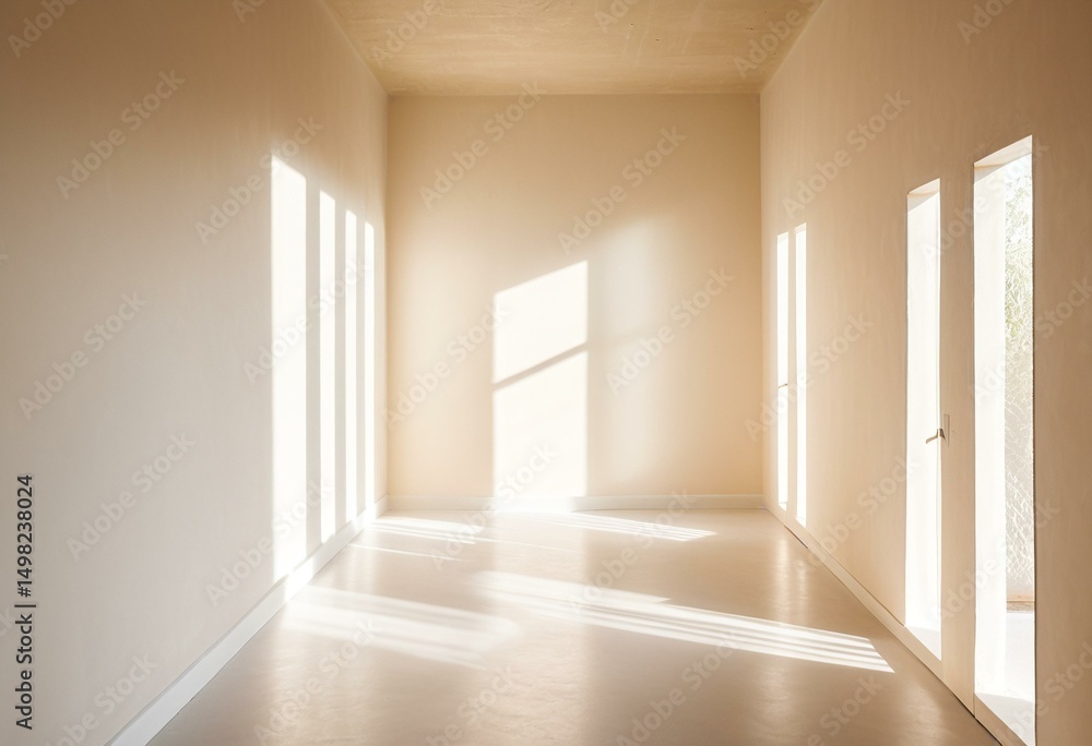 Obraz premium A long hallway with white walls and a door.