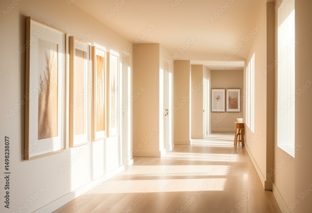 Obraz premium A long hallway with pictures hanging on the wall.