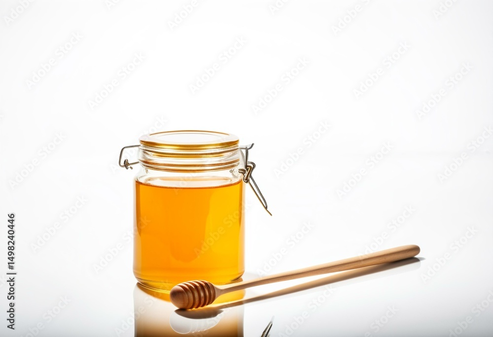 A jar of honey and a wooden spoon on a table. A jar of honey and a wooden spoon on a table.