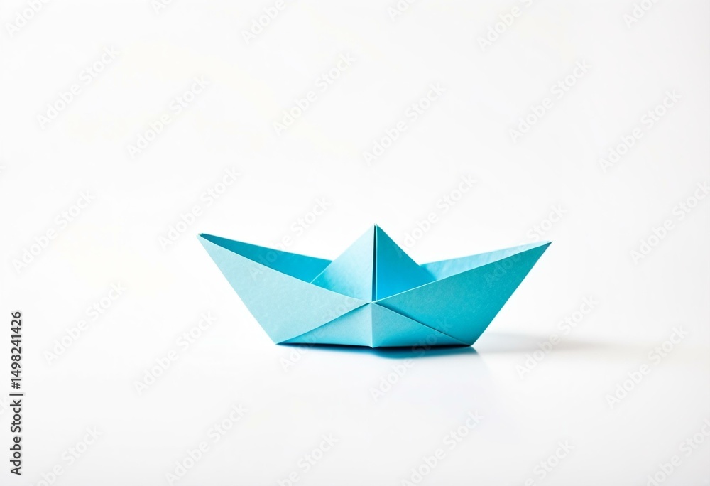 A blue origami boat on a white surface. A blue origami boat on a white surface.