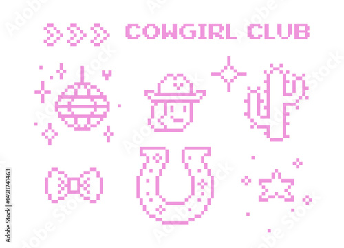 Y2k cowgirl disco party pink icons. Retro cowboy western isolated vector illustration in pixel art. Cactus, pink lucky horse shoe, star collage stickers. Wild west game abstract design elements set