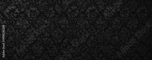 Black damask pattern, heavy shadows, deep contrast, illustration, silhouette, floral