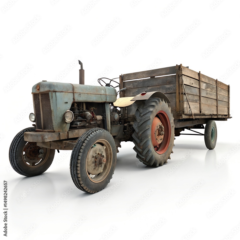 Obraz premium Vintage Tractor and Farm Trailer Isolated on White Background
