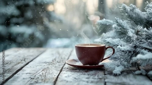 Hot cup of coffee resting on fresh white snow in a peaceful winter setting

