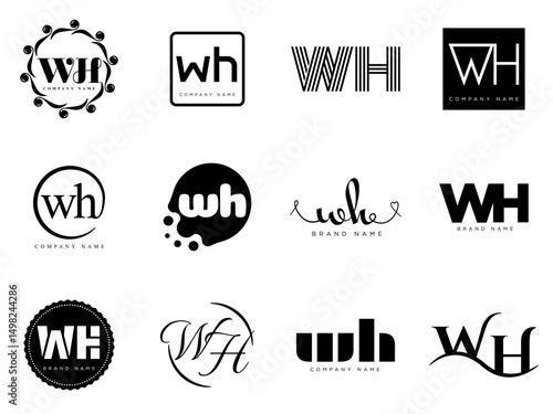 WH logo company template. Letter w and h logotype. Set different classic serif lettering and modern bold text with design elements. Initial font typography.