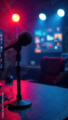 A professional studio broadcaster setup, featuring a microphone, lighting, and camera equipment, ready for a live show or recording session ,  entertainment,  professional