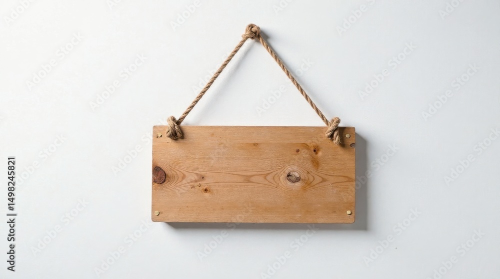 Blank Rustic Wooden Sign Hanging on White Wall with Rope Blank Rustic Wooden Sign Hanging on White Wall with Rope