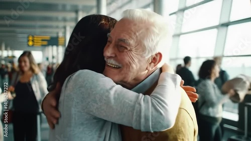 Emotional reunion of senior man with family members at bustling airport terminal