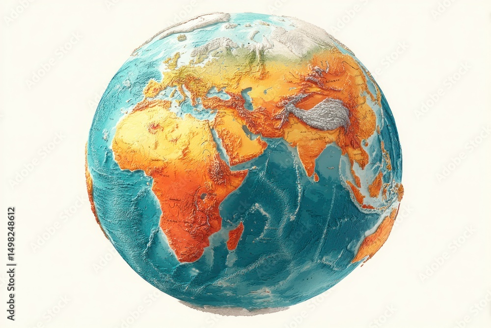 Obraz premium Global Perspective A Vibrant Earth Globe Highlighting Continents and Oceans in Detailed Topogr