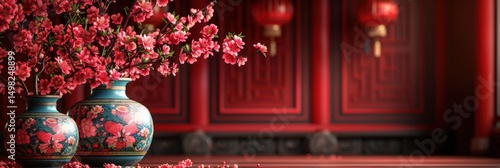 赤い花と中国風の陶器の花瓶