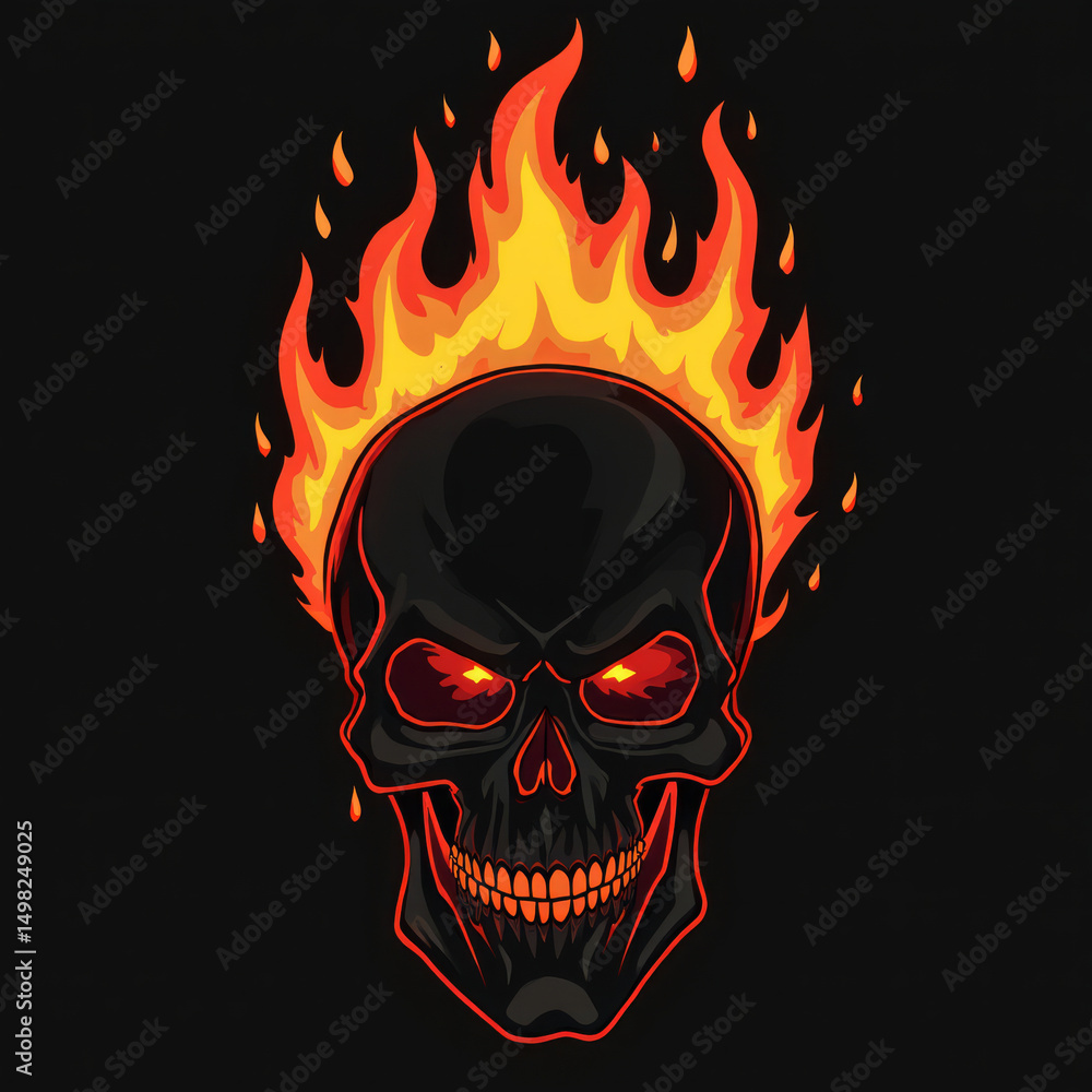 Black Skull with Stylized Flames Rising from the Top in Bold Black Vector Black Skull with Stylized Flames Rising from the Top in Bold Black Vector