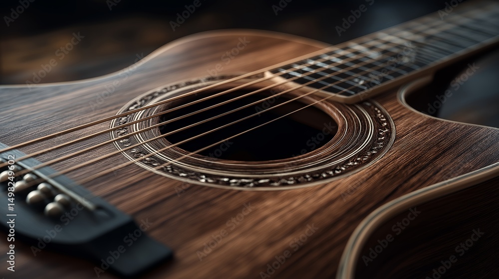 Obraz premium Melodic Wood Symphony: A close-up view of a beautifully crafted acoustic guitar, its wooden body radiating warmth and character, strings taut and ready to sing.