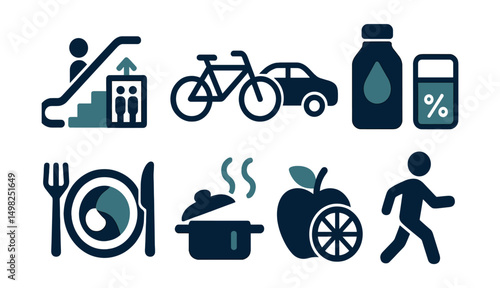Two-Color vector icons of healthy choices: stairs over elevator, bike instead of car, fruit snack, zero sugar. Smart hydration, portion control, mindful cooking, daily movement.