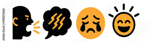 Two-Color vector icons of emotional expression: scream icon, venting bubble, crying emoji, laughter burst. Drawing therapy, voice journal, movement release, healing tears.