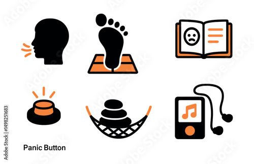 Two-Color vector icons of anxiety relief tools: breathing exercise, grounding technique, anxiety scale, worry journal. Panic button, calming stones, safety net, soothing playlist.