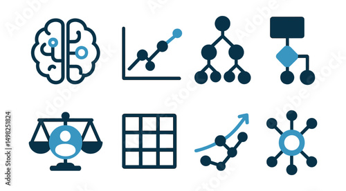 Two-Color vector icons of artificial intelligence: AI brain, machine learning graph, decision tree, algorithm box. AI ethics icon, data training set, predictive model, neural net node.