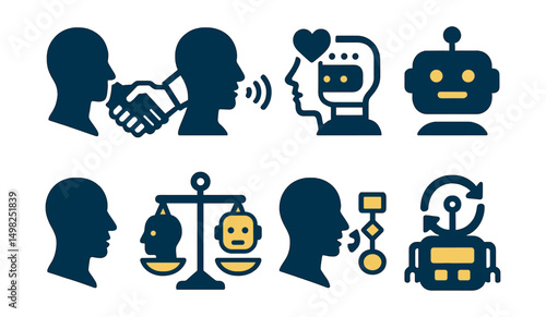 Two-Color vector icons of human-AI interaction: human and AI handshake, AI empathy, voice interaction, chatbot face. Trust scale, explainable AI, feedback loop, assistive bot.