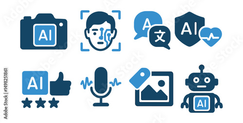 Two-Color vector icons of AI applications: smart camera, facial recognition, language translator, AI diagnosis. Recommendation engine, voice synthesis, auto-tagging, robot assistant.