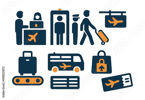 Two-Color vector icons of airport experience: check-in desk, security control, boarding gate, baggage claim. Flight info screen, airport shuttle, duty-free bag, flight ticket.