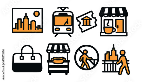 Two-Color vector icons of city breaks: skyline photo, tram ride, museum ticket, coffee shop. Weekend bag, street food, pedestrian zone, rooftop view.